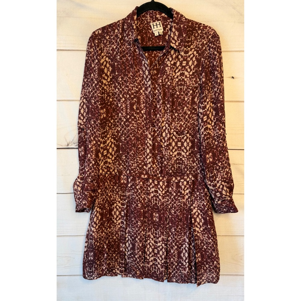 Haute Hippie Silk Snakeskin Print Drop Waist Pleated Shirt Dress Burgundy S